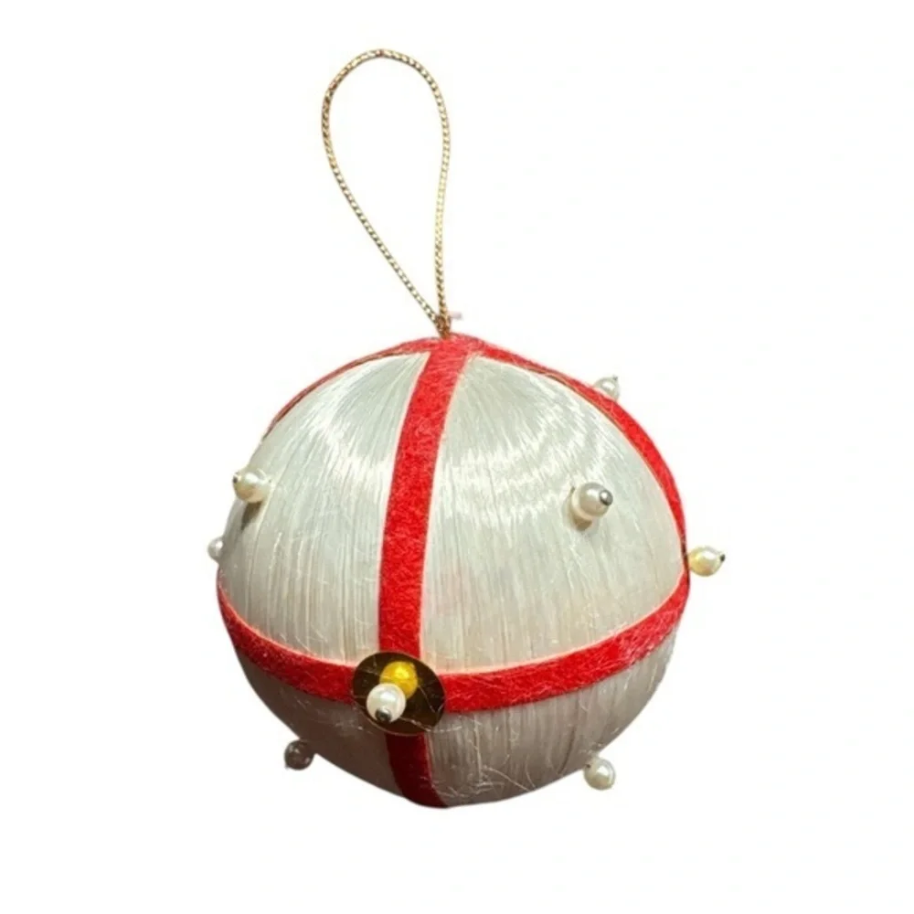 Vintage Old Fashioned Handmade Satin Elegant Red and White Holiday Ball Ornament